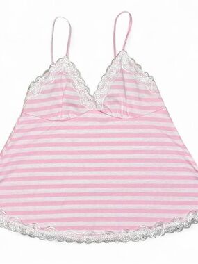 Y2K Pink White Stripe Lace Cami Babydoll Top XS Coquette Preppy Fairycore Spring